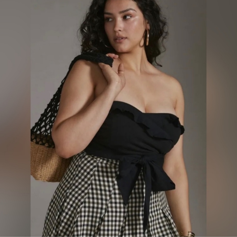 Anthropologie Ruffled Tube Top Tie-Front Black Sz XLP NWT